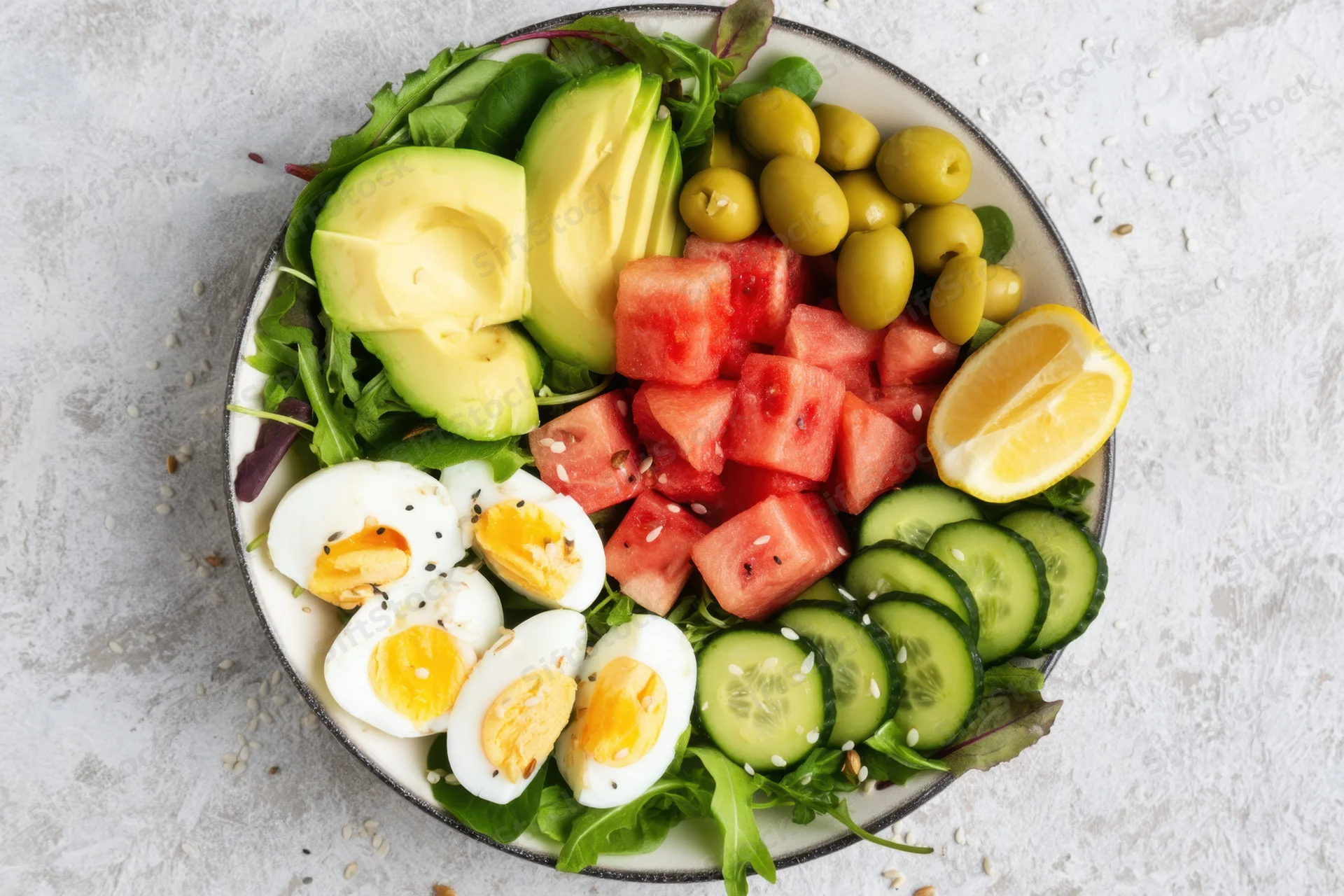 Vibrant salad bowl with avocado, eggs, watermelon, cucumber, olives and lemon on a textured surface