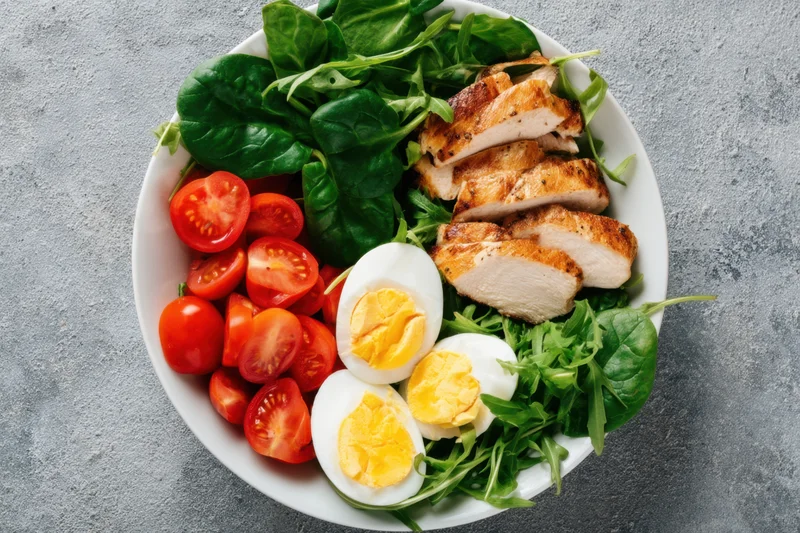 A salad with grilled chicken, hard-boiled eggs, cherry tomatoes, spinach and arugula in a white bowl on a gray surface