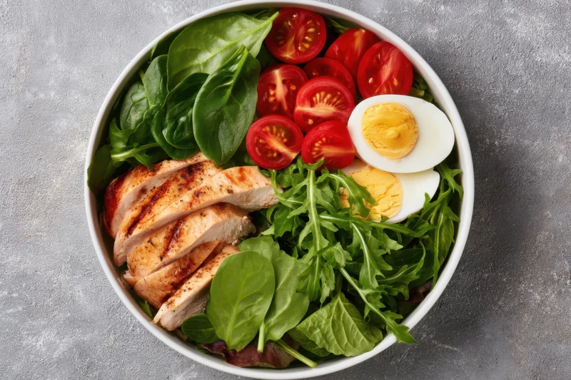 A salad with grilled chicken, cherry tomatoes, boiled egg, spinach and arugula in a white bowl on a gray surface