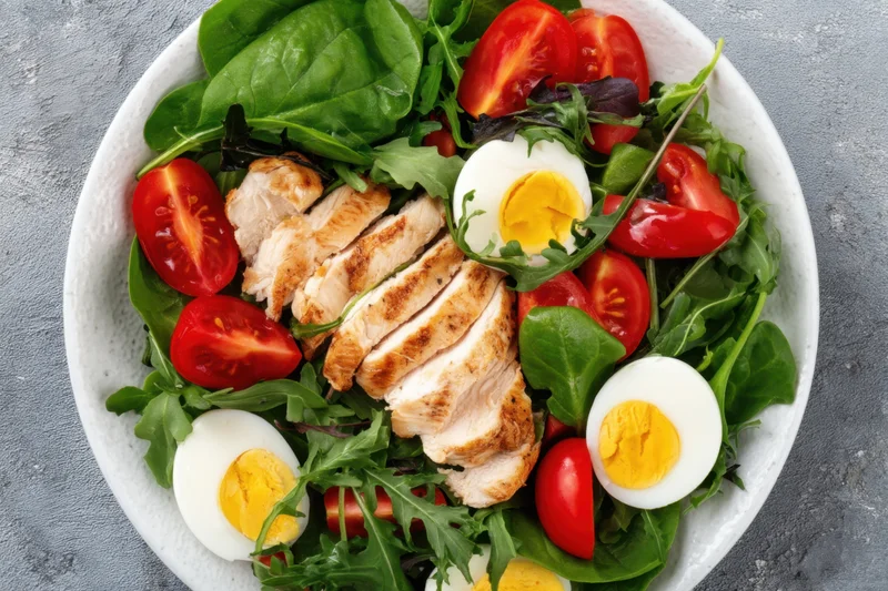 A salad with grilled chicken, hardboiled eggs, cherry tomatoes, and mixed greens in a white bowl on a gray surface