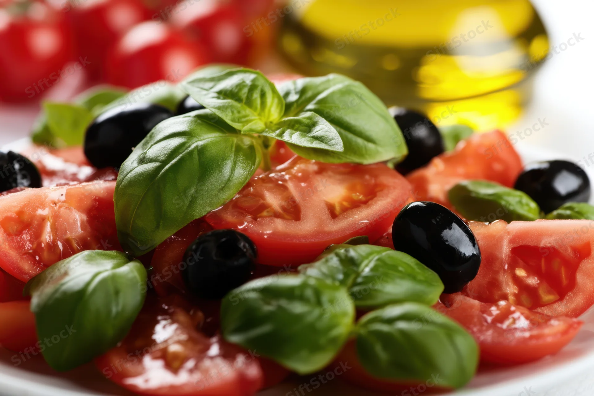 Sliced tomatoes and fresh basil with black olives arranged on a white plate with olive oil in background