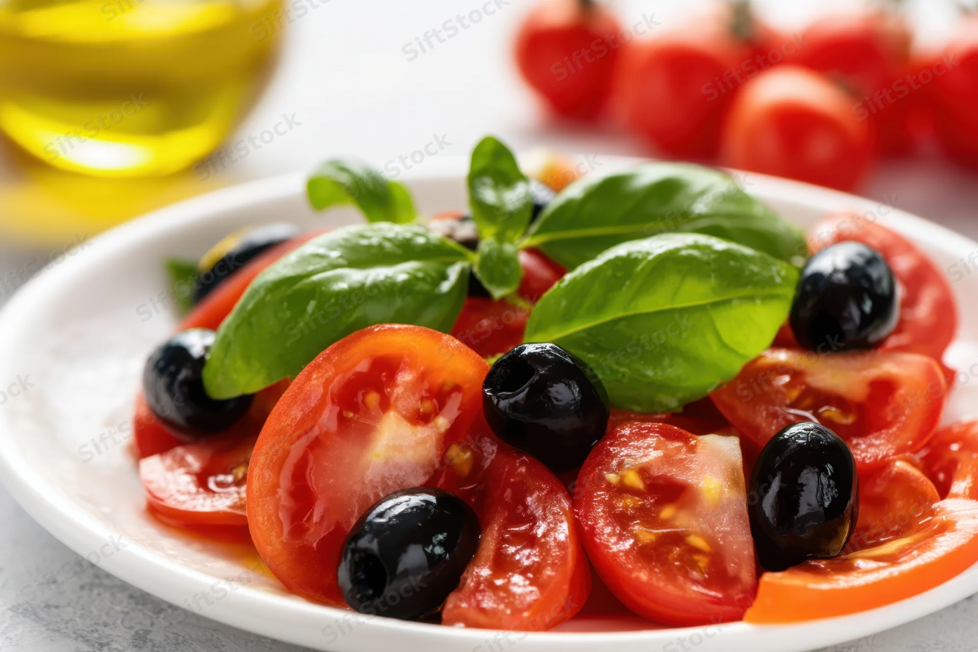 Sliced tomatoes and black olives with fresh basil leaves arranged on a white plate