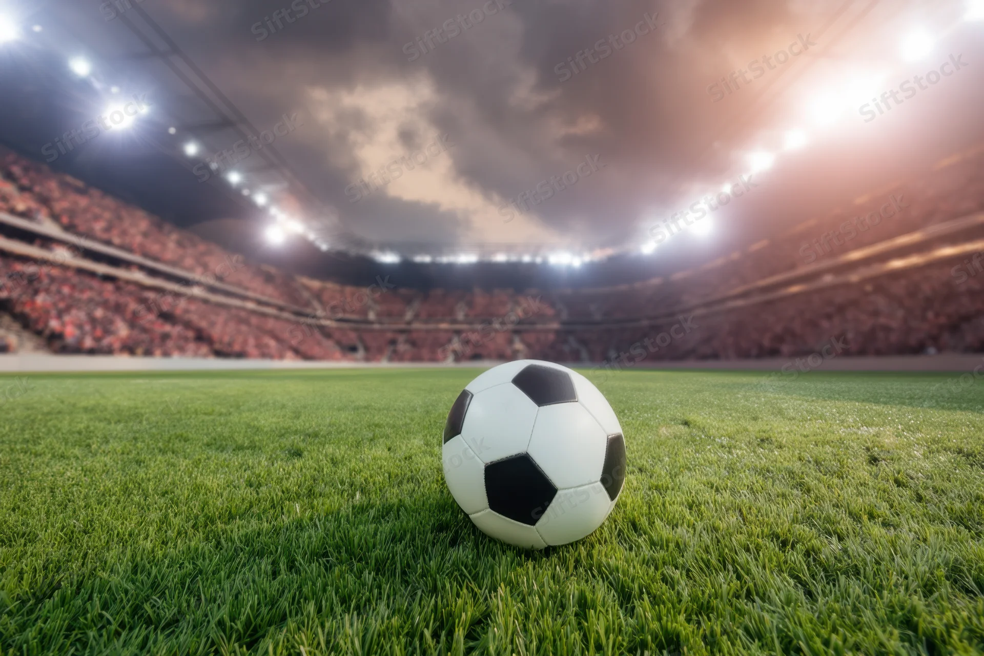 Soccer ball resting on green grass field in large stadium with crowd and bright lights at night
