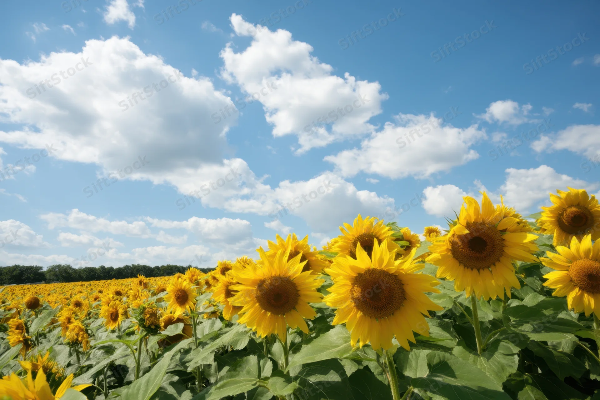 Sunflower field stretching under a bright blue sky with scattered white clouds