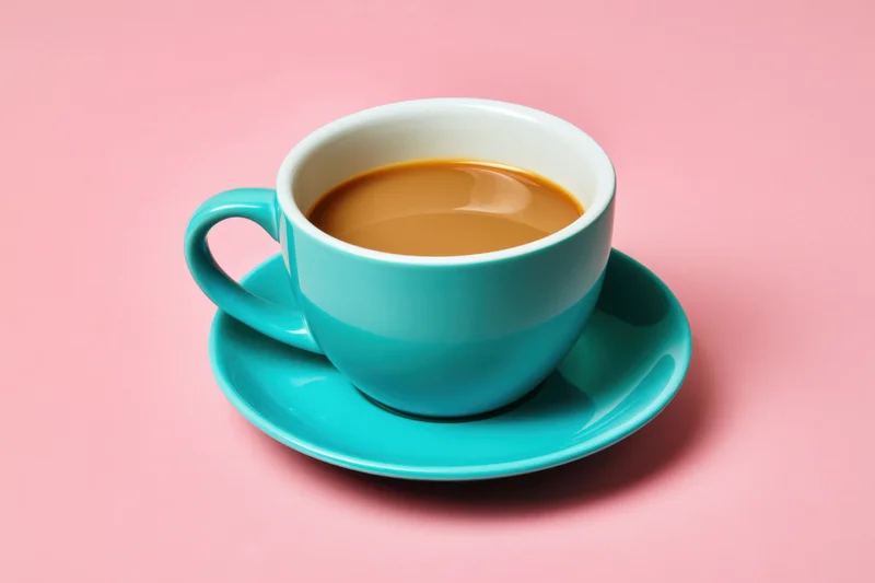 Turquoise ceramic coffee cup with saucer on pink background
