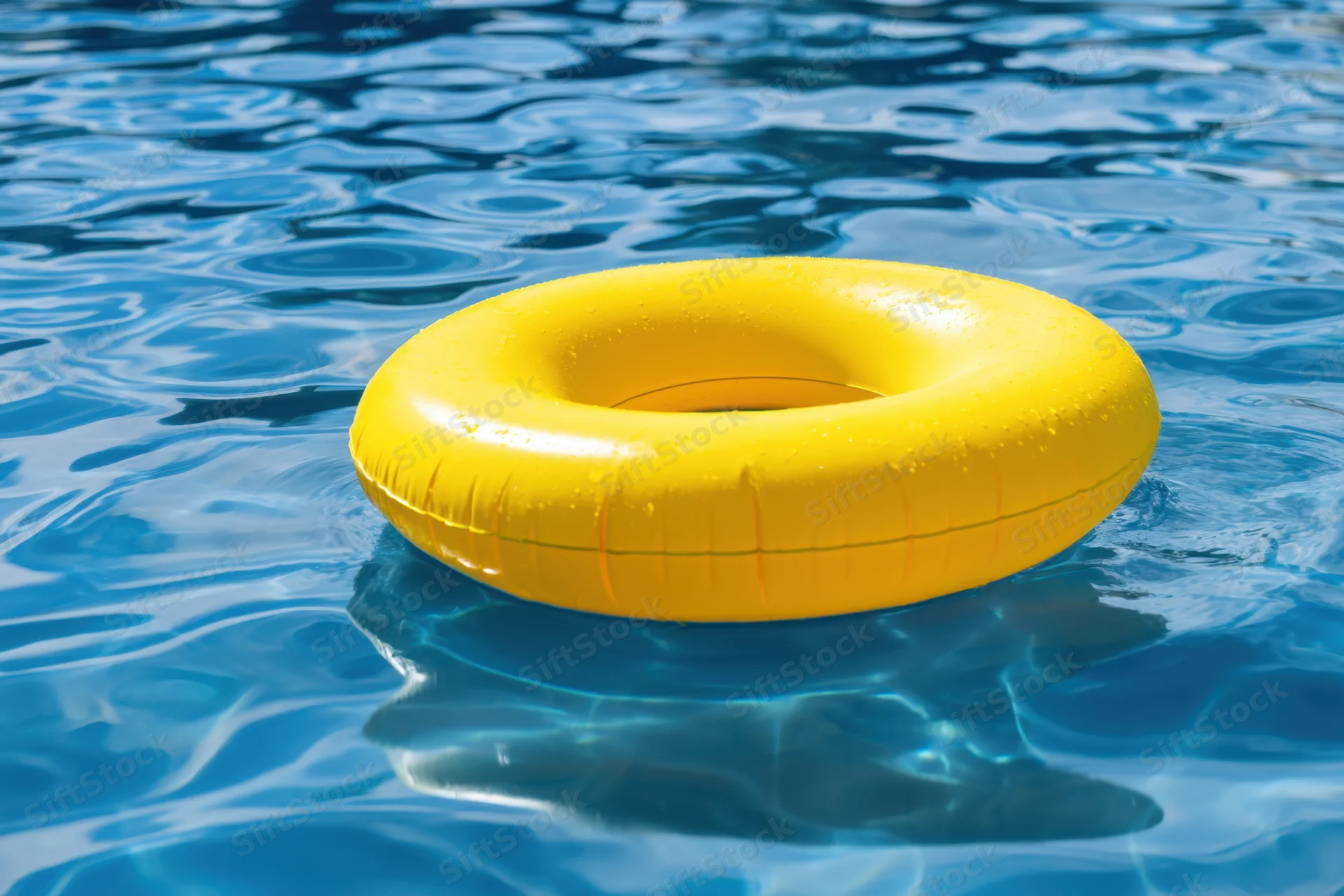 Yellow inflatable pool float bobbing in clear blue water