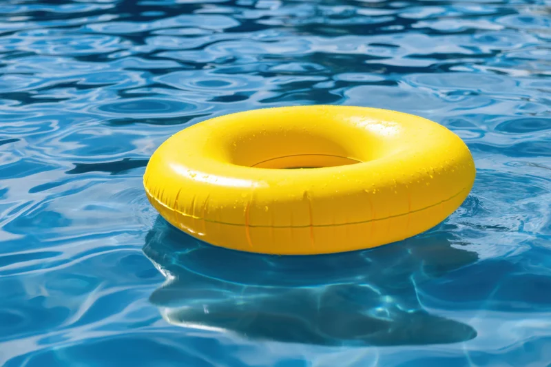 Yellow inflatable pool float bobbing in clear blue water