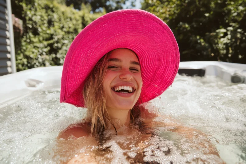 Woman laughing in a hot tub wearing a pink sunhat outdoors