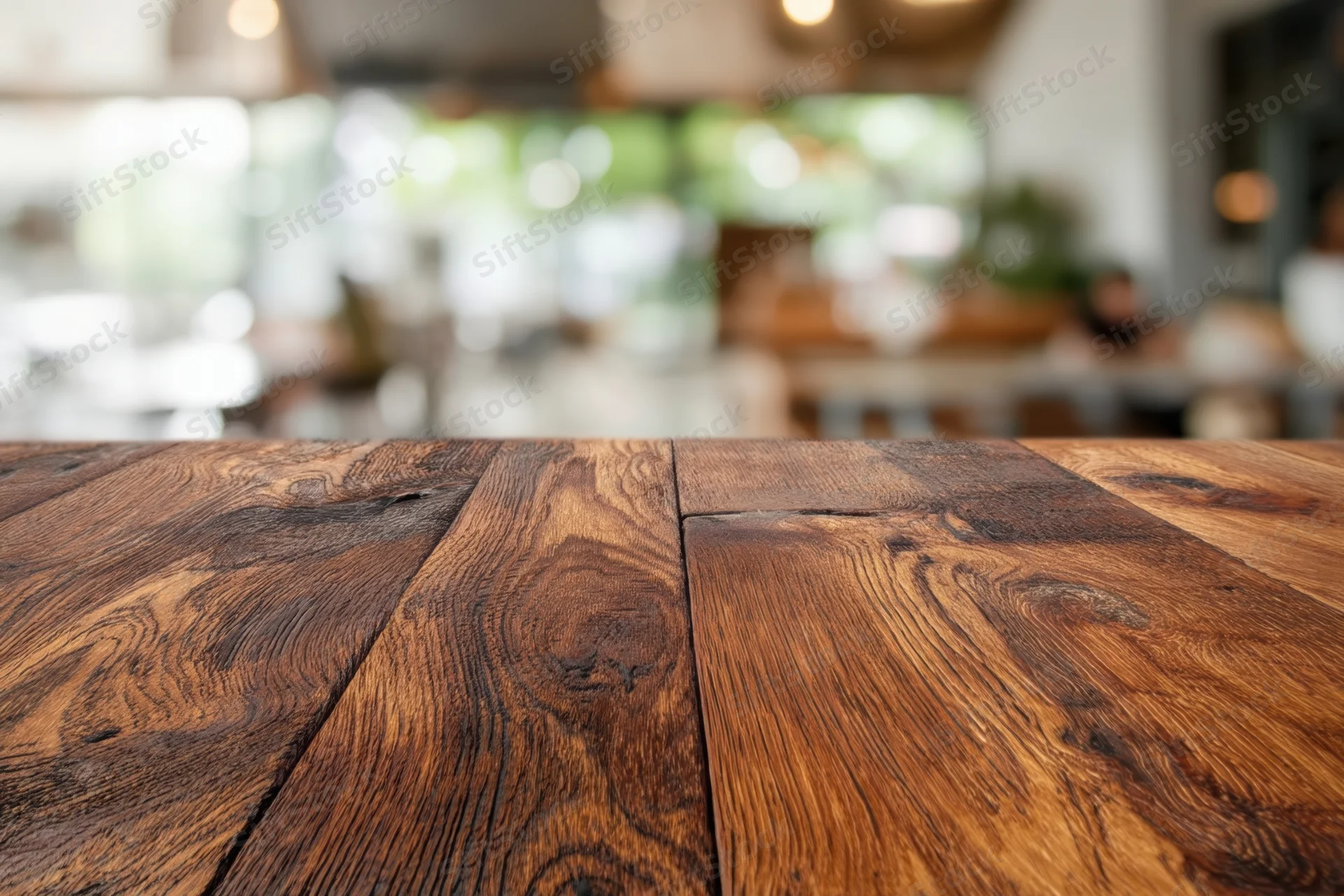 Wooden countertop with rich grain pattern in a restaurant interior