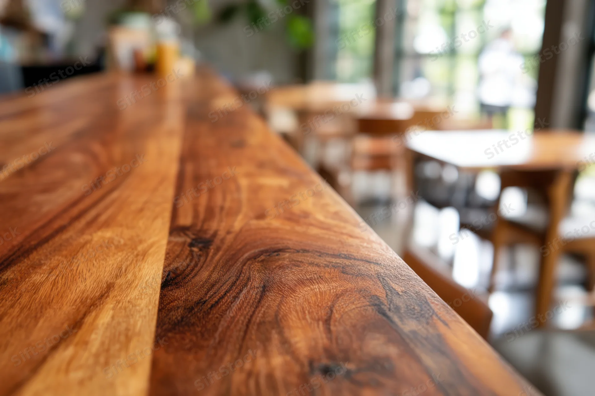 Wooden countertop with rich grain pattern in a restaurant interior