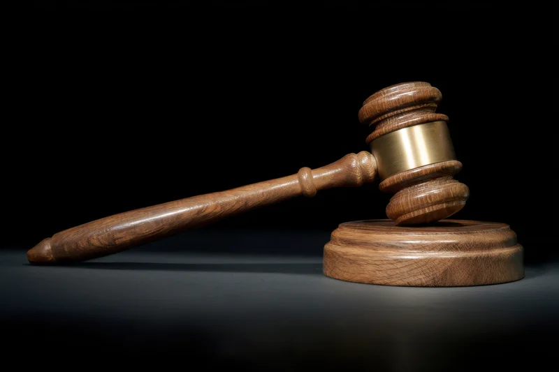 Wooden gavel resting on circular base against dark background