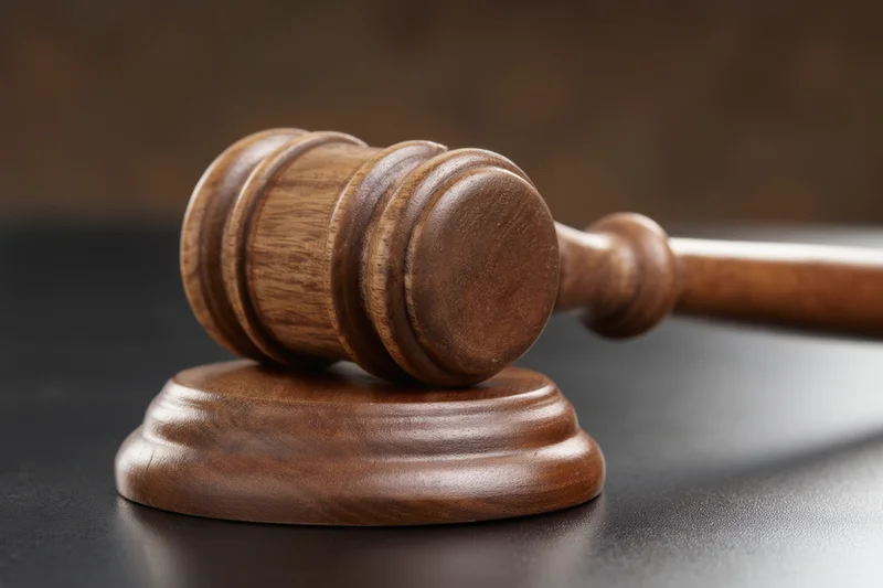 Wooden gavel resting on dark surface with sound block base