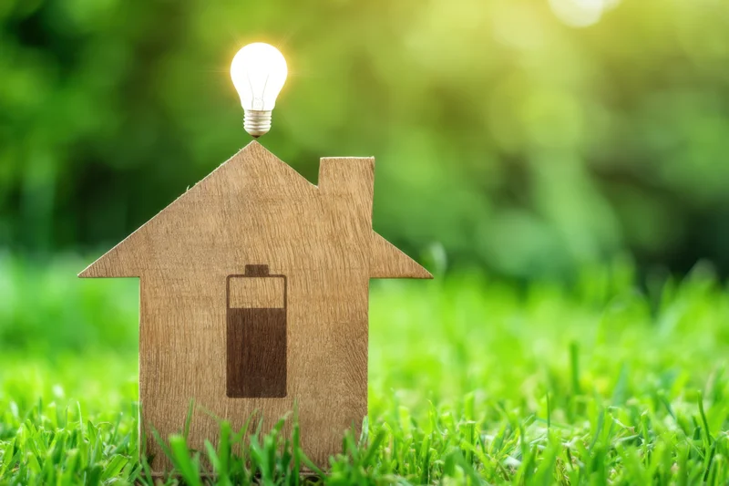Wooden house icon with lightbulb on roof and battery symbol on front, placed on green grass outdoors