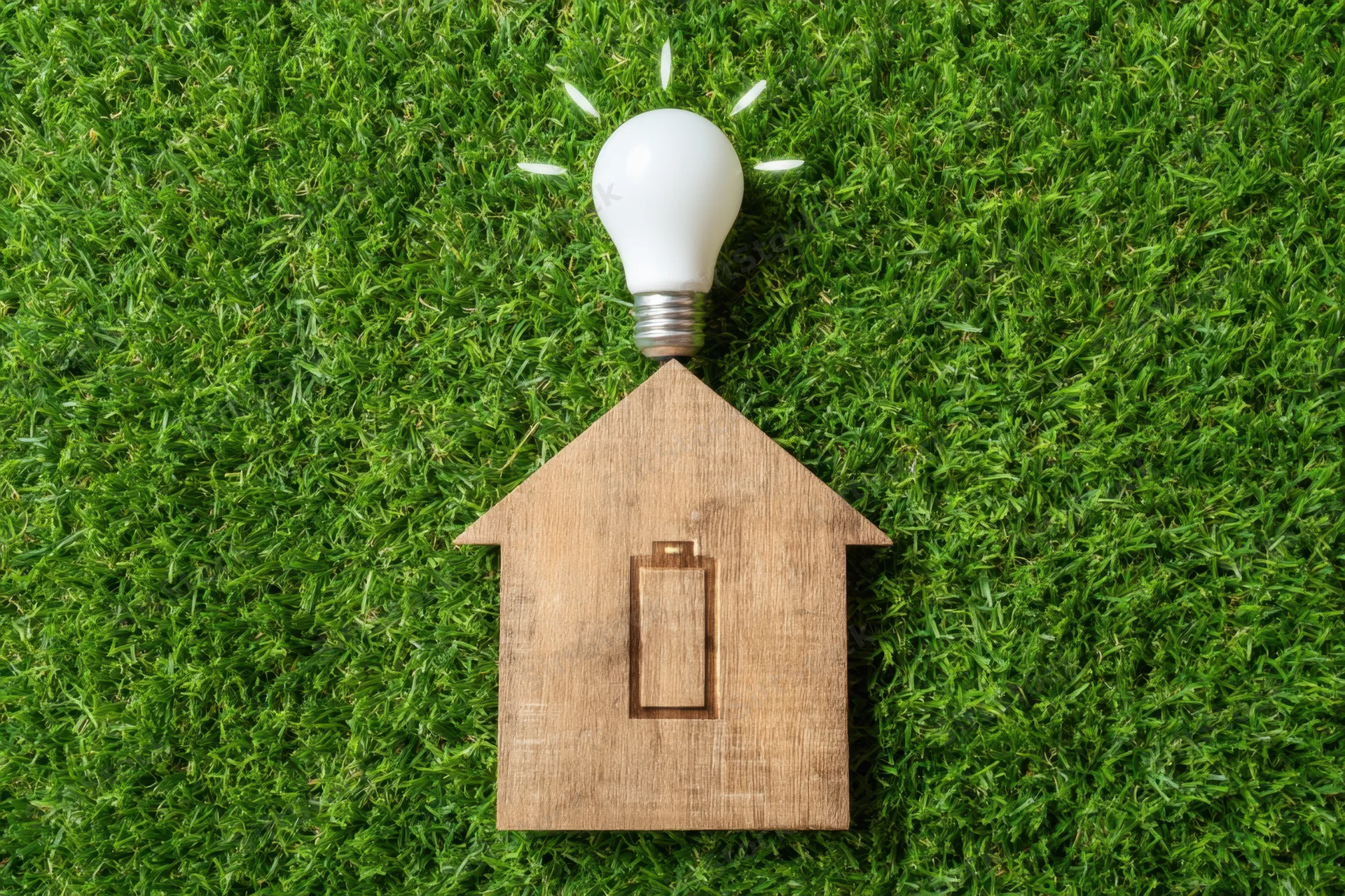 Wooden house icon with lightbulb and battery symbol on green grass