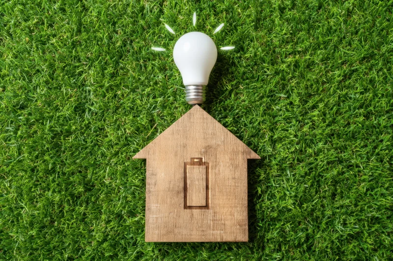 Wooden house icon with lightbulb and battery symbol on green grass