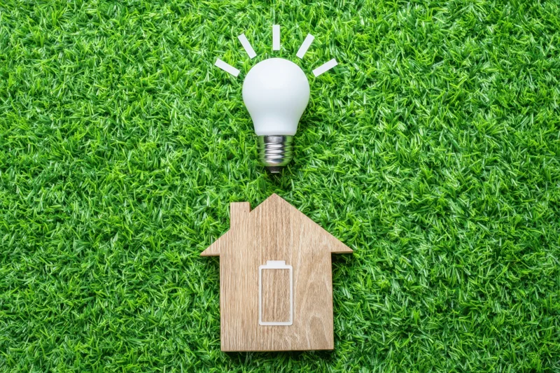 Wooden house icon with battery symbol and lightbulb on green grass background
