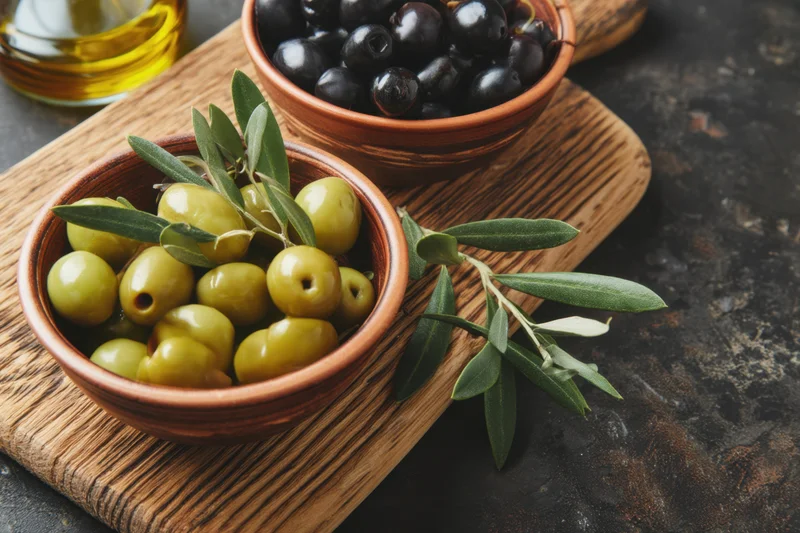 Bowls of green and black olives with olive leaves on a wooden serving board