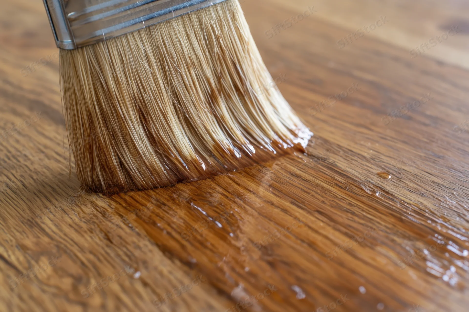 Brush applying clear finish to wooden surface showing grain and sheen
