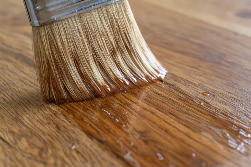 Brush applying clear finish to wooden surface showing grain and sheen