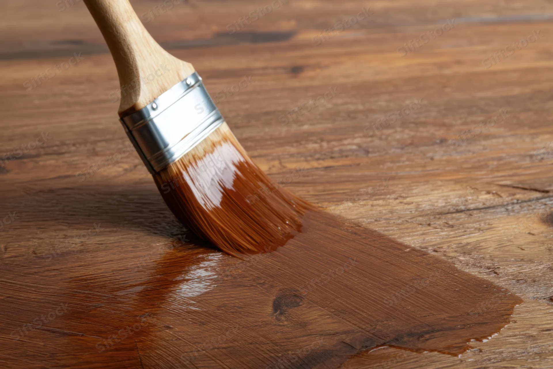 Brush applying wood stain to a wooden surface showing grain and sheen