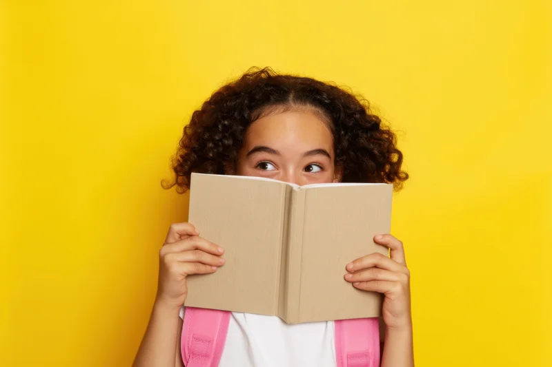 Young girl with curly hair holding open book in front of face, peeking over top, wearing pink backpack against yellow background