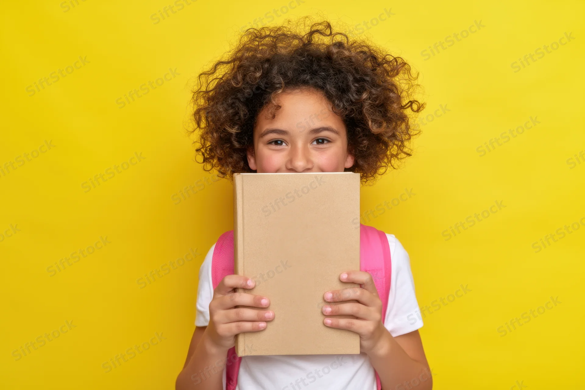 Young girl with curly hair holding book in front of face against yellow background