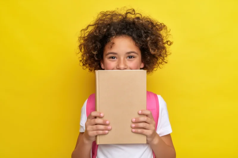 Young girl with curly hair holding book in front of face against yellow background