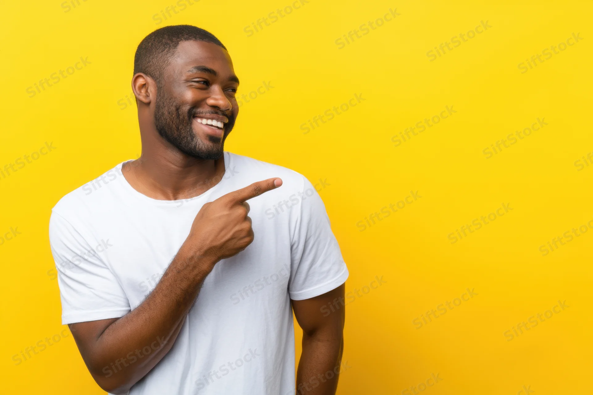 Young black man smiling and pointing to the right against yellow background in white tshirt
