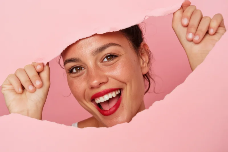 Young woman smiling and peeking through torn pink paper