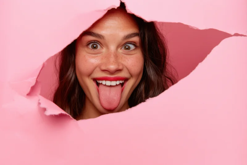 Young woman peeking through torn pink paper with tongue out and wide eyes