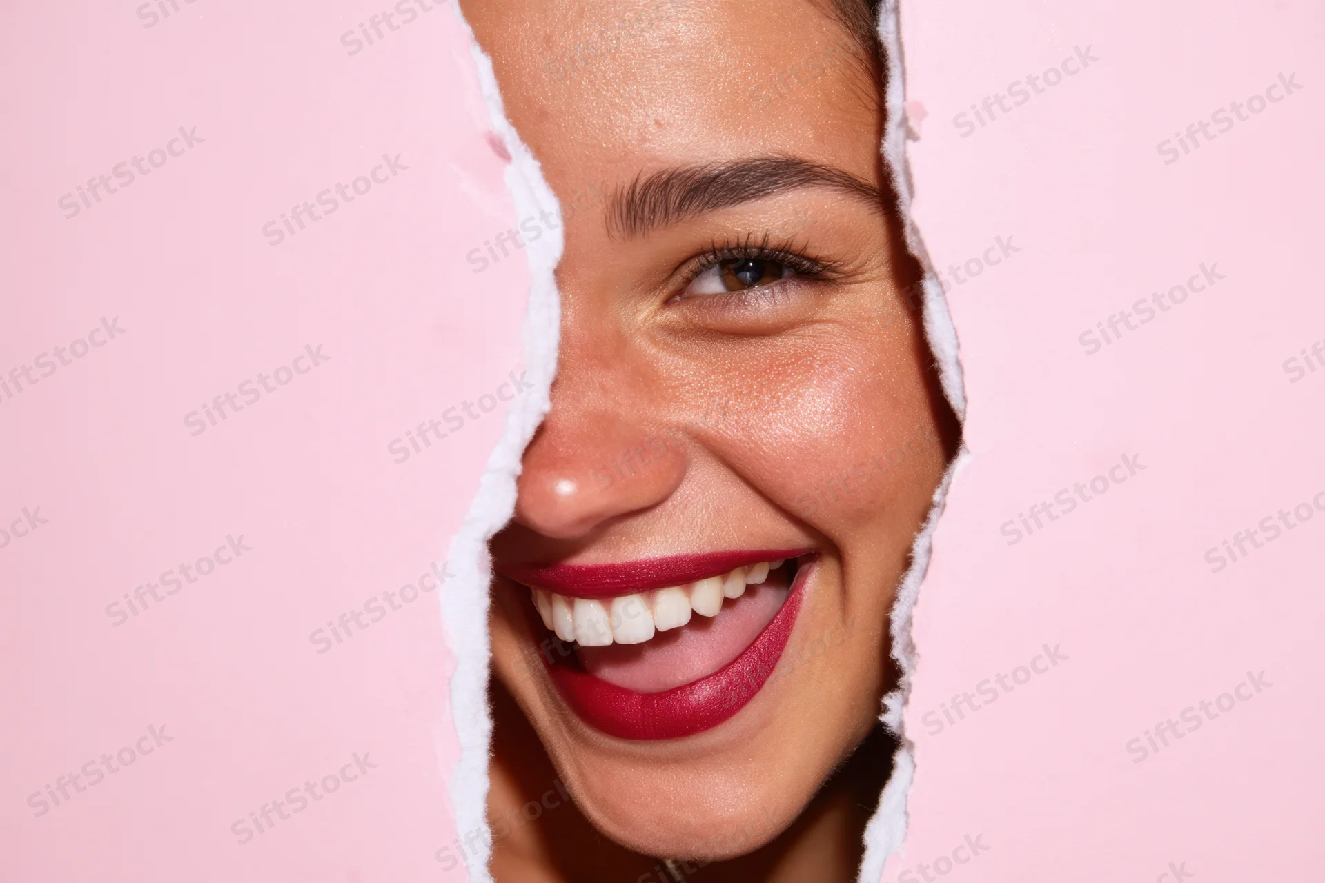 Young woman smiling and peeking through a torn pink paper hole