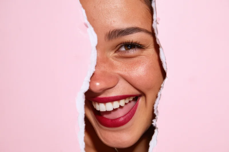 Young woman smiling and peeking through a torn pink paper hole