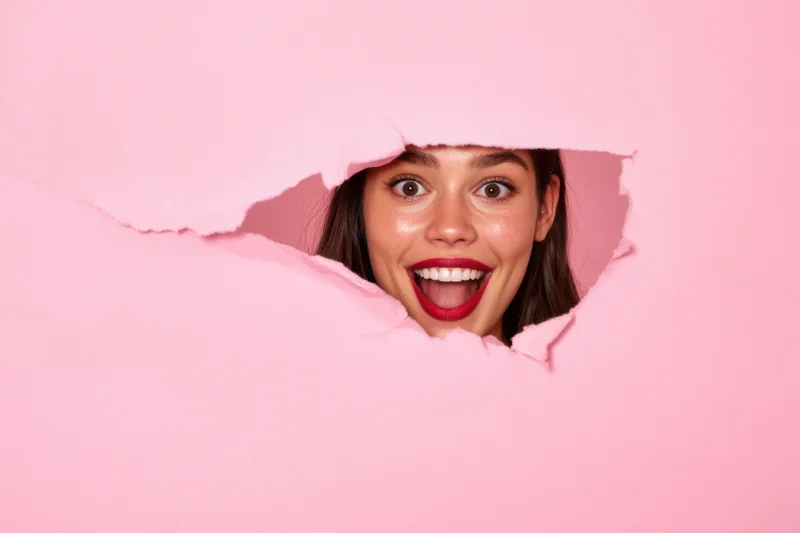 Young woman smiling with red lipstick peeking through torn pink paper