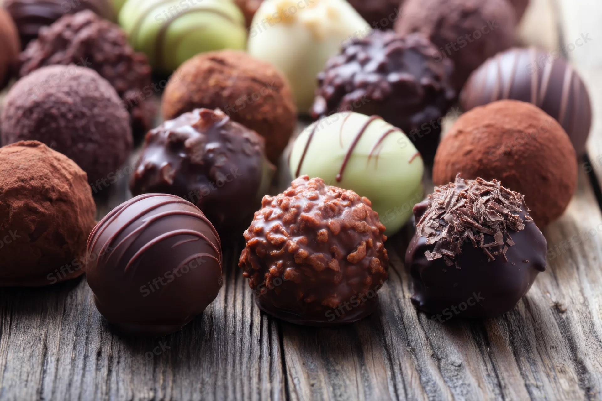 Assorted chocolate truffles arranged on a wooden surface