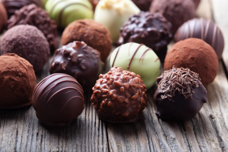 Assorted chocolate truffles arranged on a wooden surface