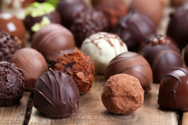 Assortment of chocolate truffles arranged on wooden surface