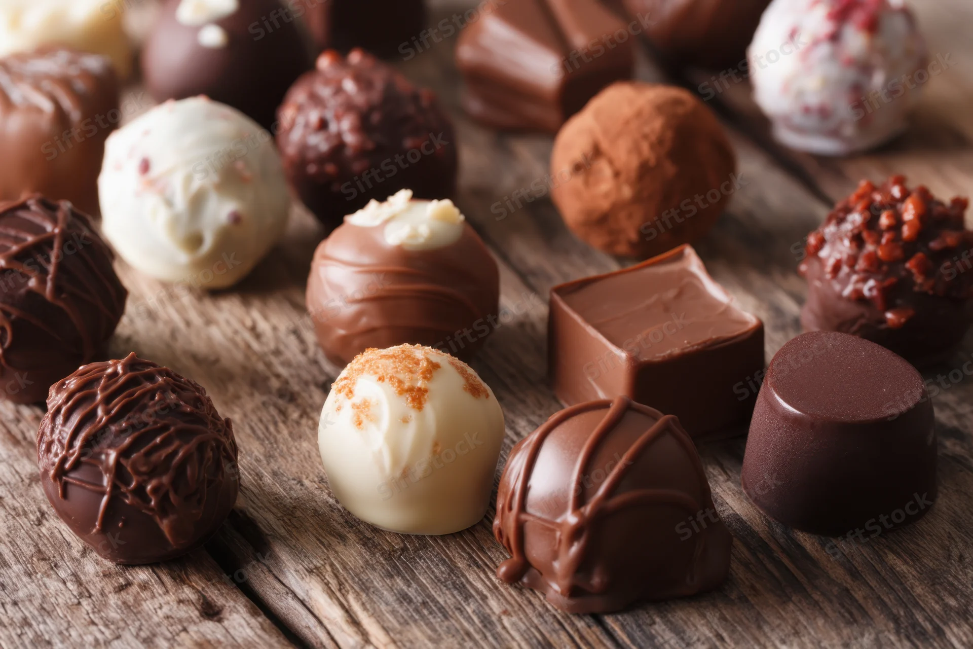 Assorted chocolate truffles arranged on a rustic wooden table