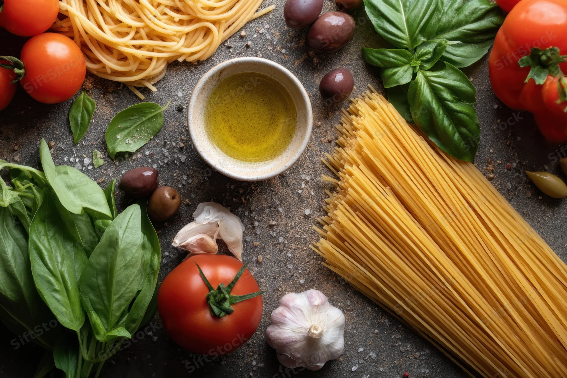 Uncooked pasta and fresh ingredients arranged on a dark textured surface