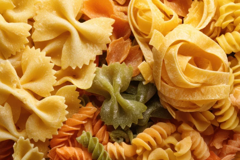 An assortment of uncooked pasta shapes including farfalle, fettuccine, and fusilli in yellow, orange, and green colors