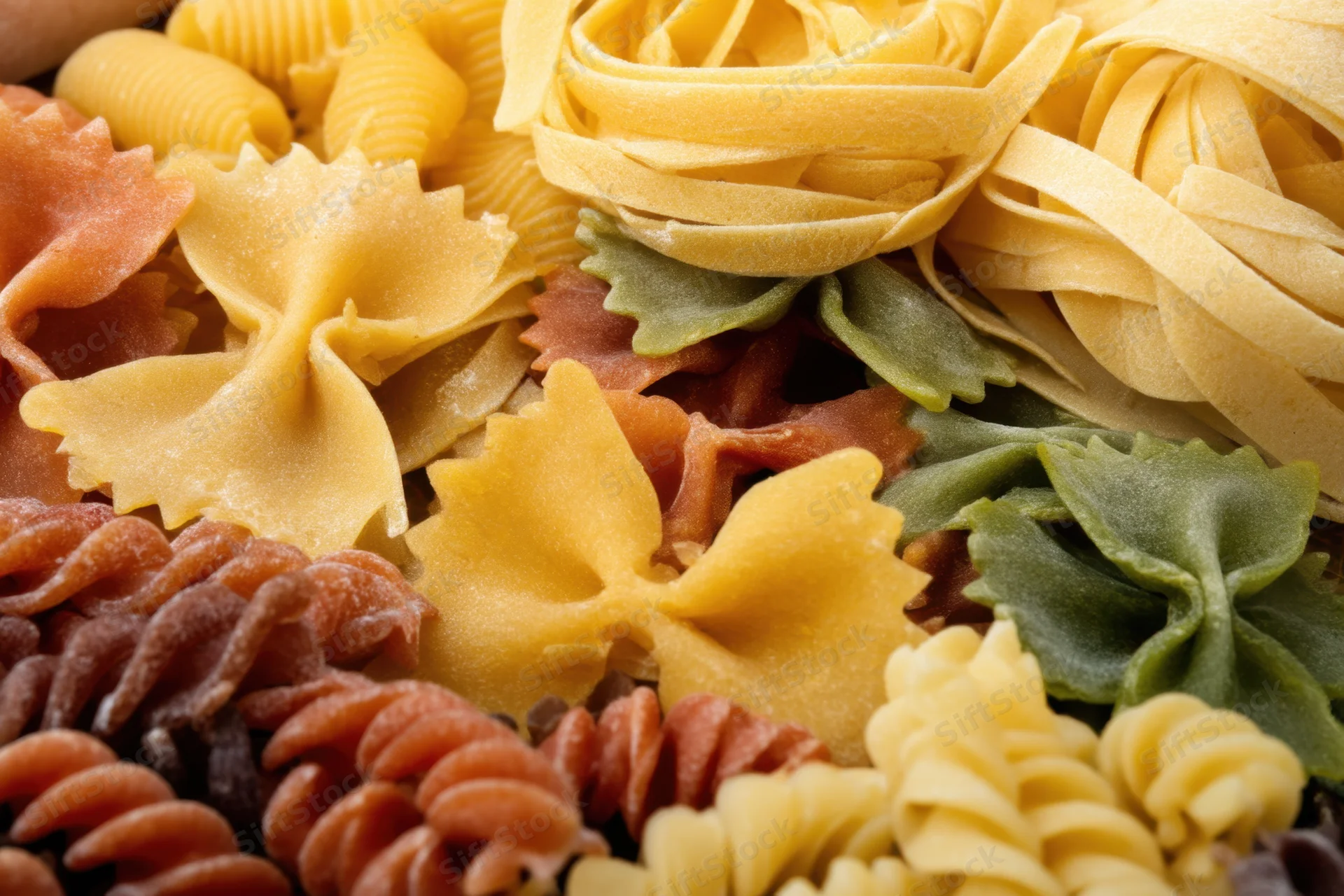 Assorted uncooked pasta shapes including farfalle and fettuccine arranged in a close-up still life display