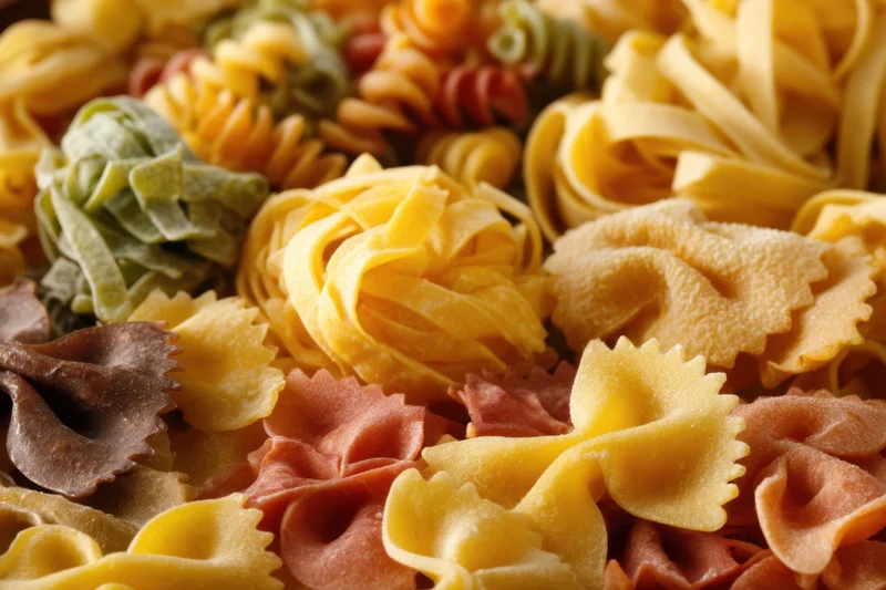An assortment of uncooked pasta shapes including farfalle and fettuccine arranged in a close-up view
