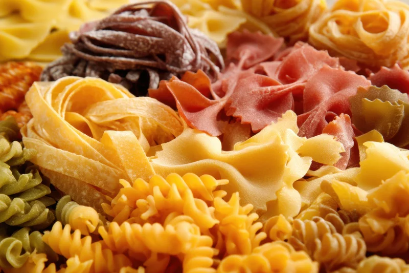 An assortment of uncooked pasta shapes including farfalle and fettuccine arranged in a colorful pile