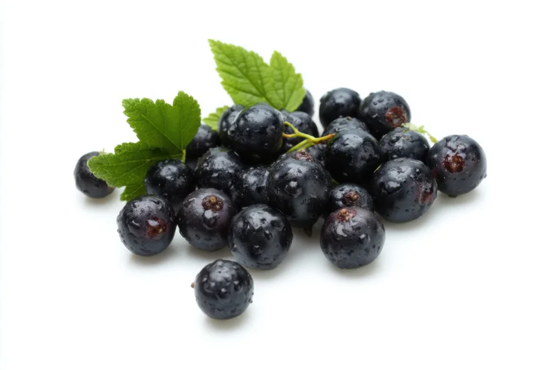 Shiny black currants scattered on a clean white surface with green leaves attached