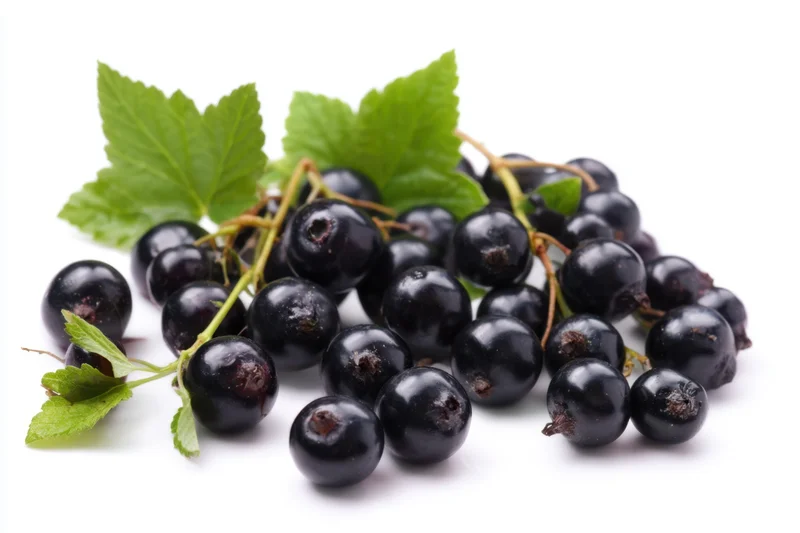 Shiny black currants scattered on a clean white background with green leaves and stems
