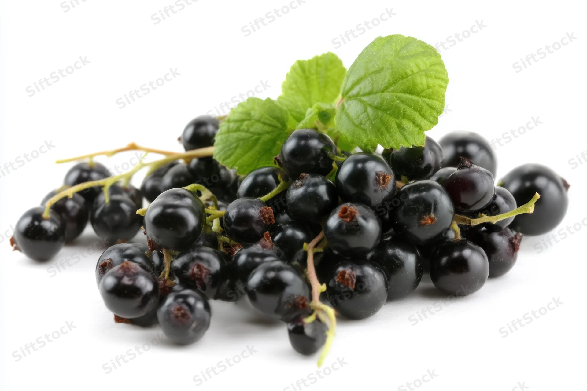 Shiny black currants scattered on a clean white surface with green leaves and stems