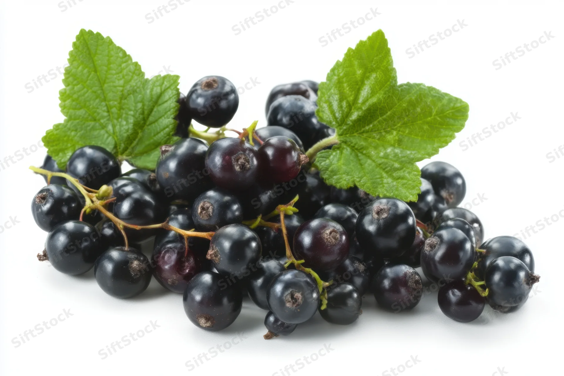 Shiny black currants scattered with green leaves on a white surface