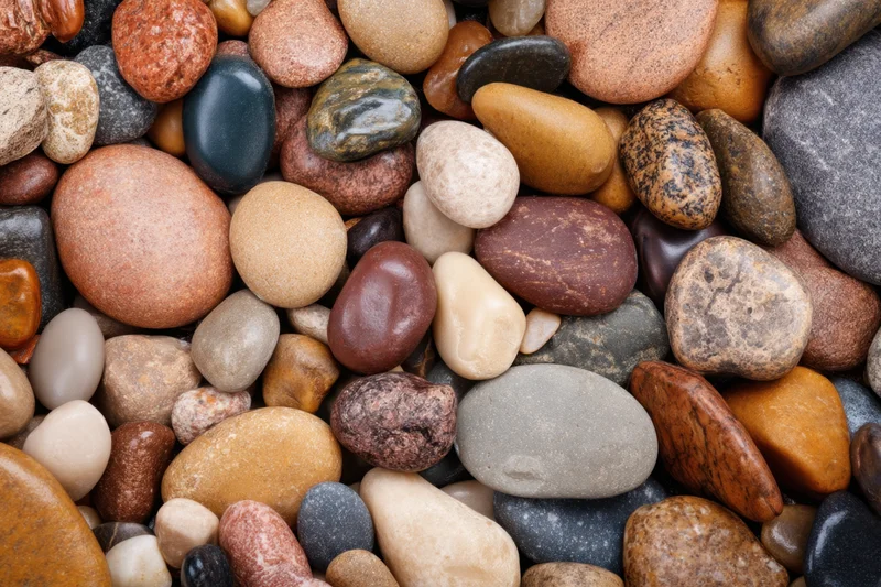 Smooth pebbles of various colors and sizes arranged closely together in a natural pile