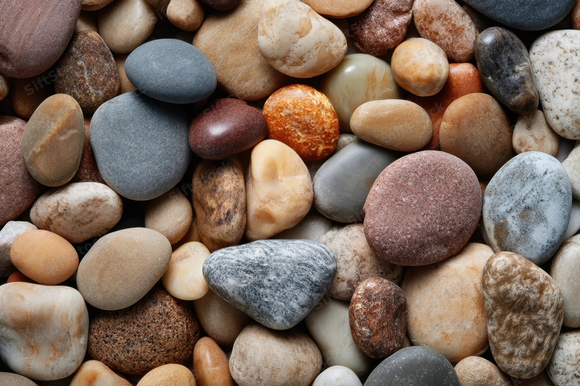 Smooth pebbles arranged in a dense, multicolored pattern covering the frame