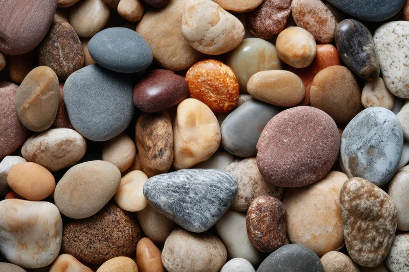 Smooth pebbles arranged in a dense, multicolored pattern covering the frame