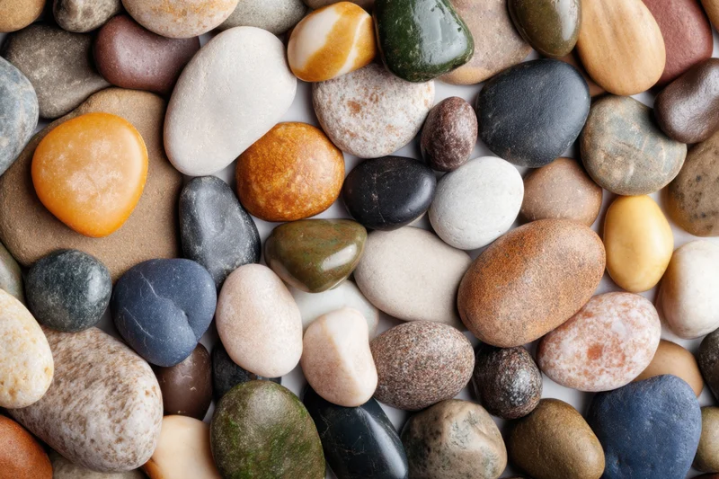 Smooth pebbles arranged in a dense pattern on a white surface